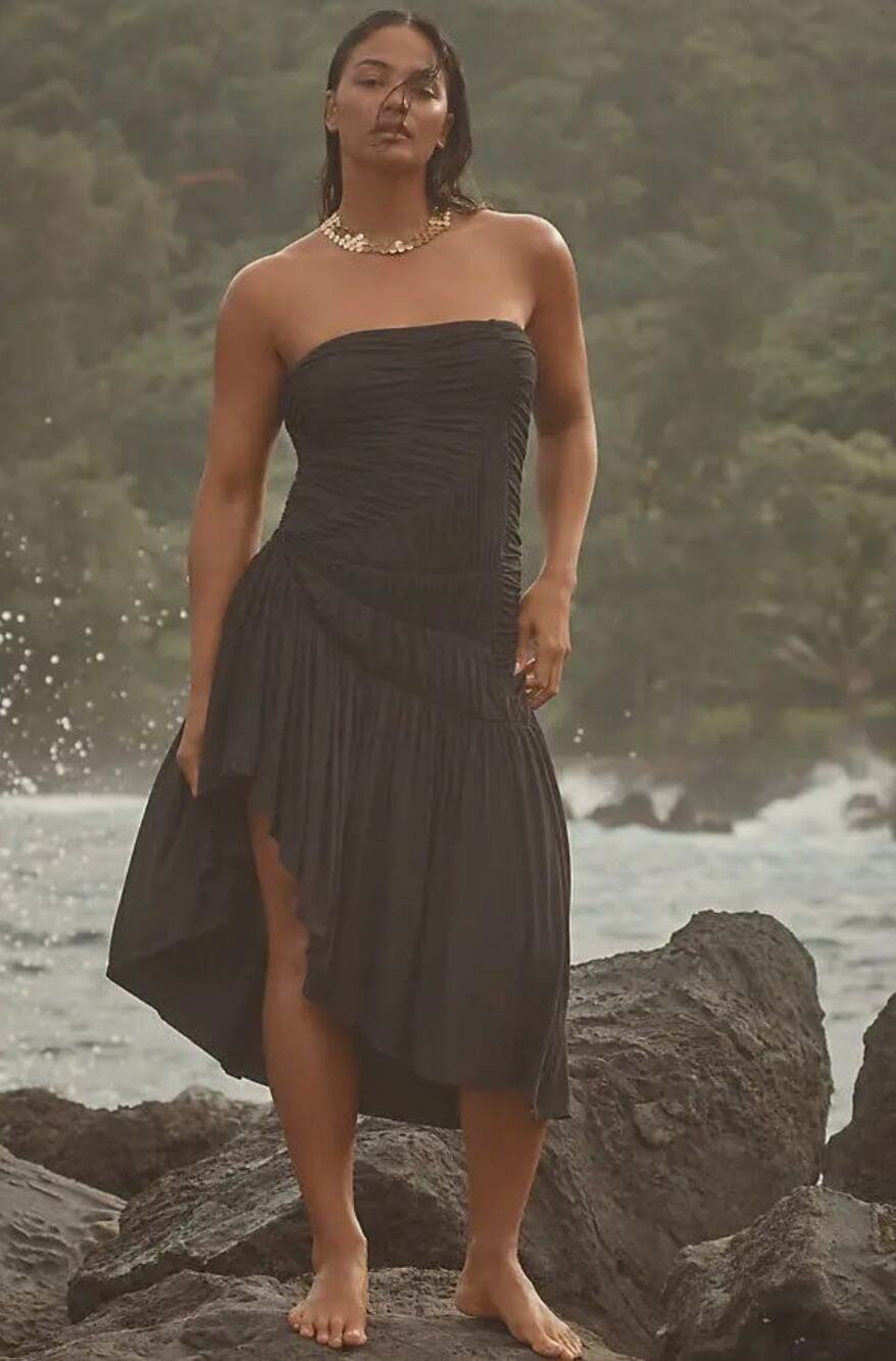 Anthropologie Celandine Strapless Ruched Asymmetric-Hem Dress Black S NWT $88
